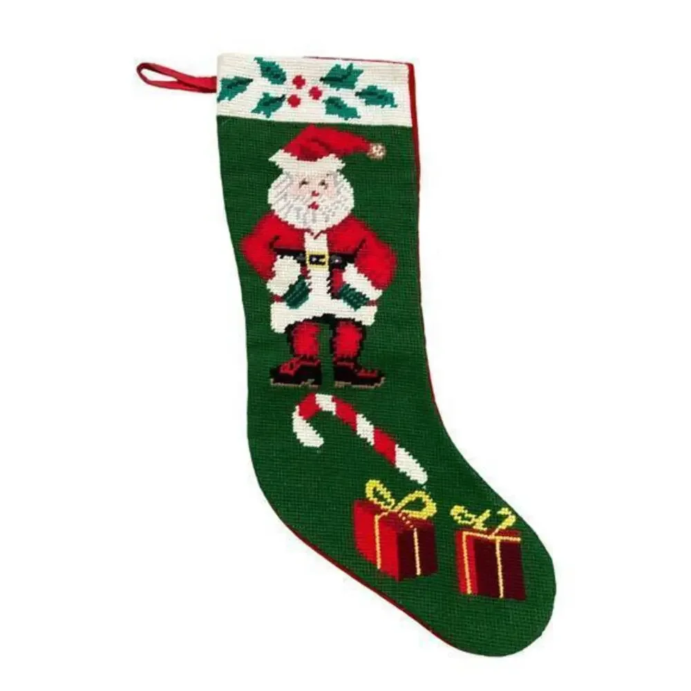 Vintage Needlepoint Santa Christmas Stocking Green Red 17